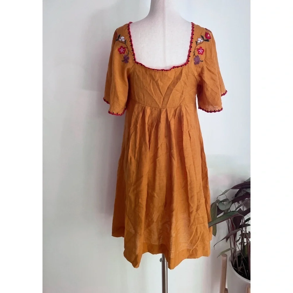 Madewell Floral Embroidered Square-Neck Marigold Yellow Mini Dress Small​​​​​ - Picture 7 of 11